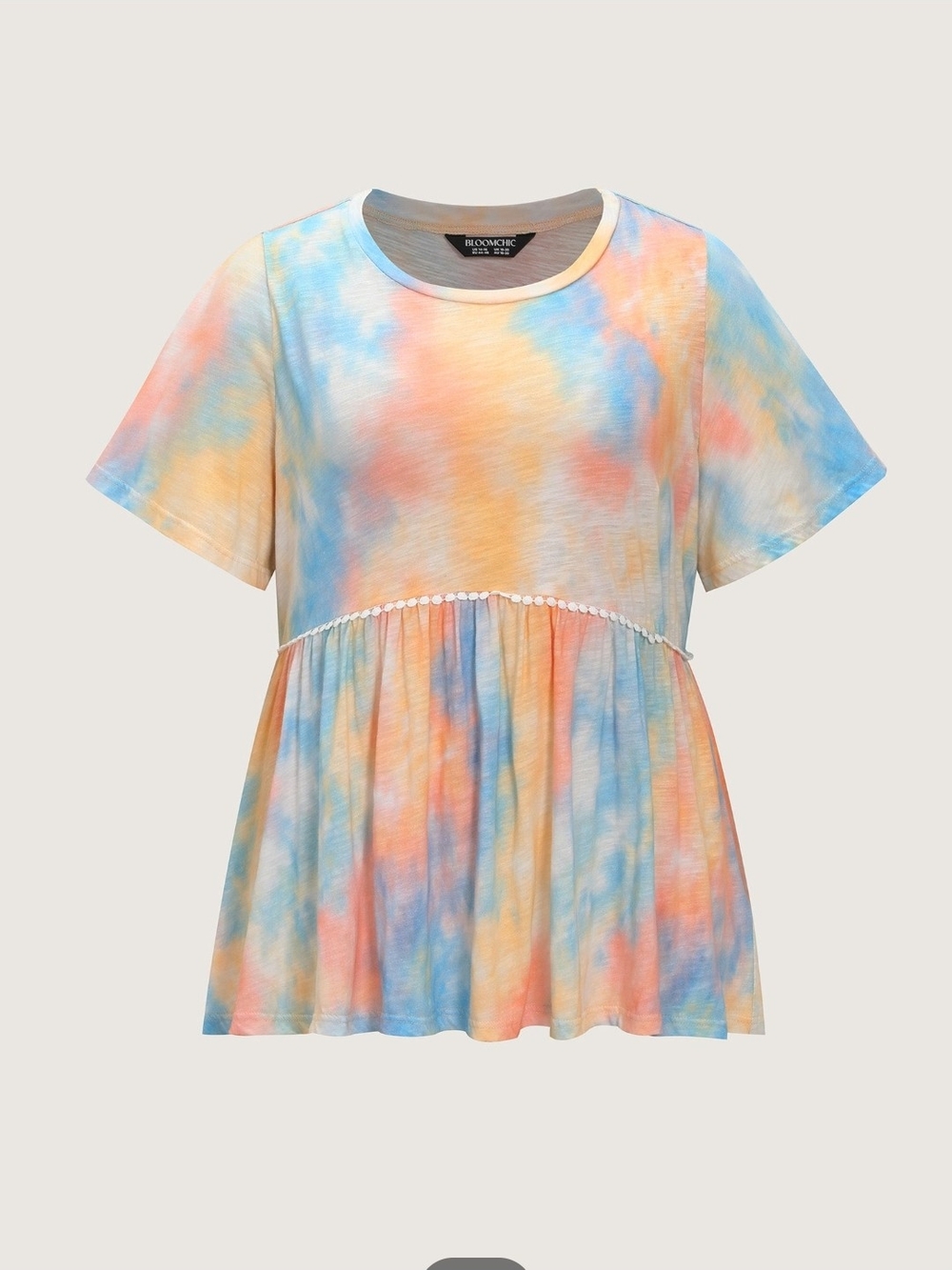 BloomChic Tie-Dye Peplum Short Sleeve Top - Blue, Pink & Yellow